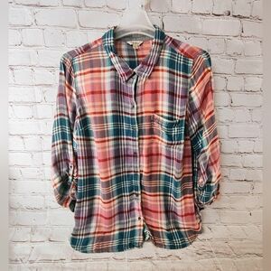 Women's Lucky Brand 1X Boyfriend Flannel Split Back Distressed Roll Tab Shirt